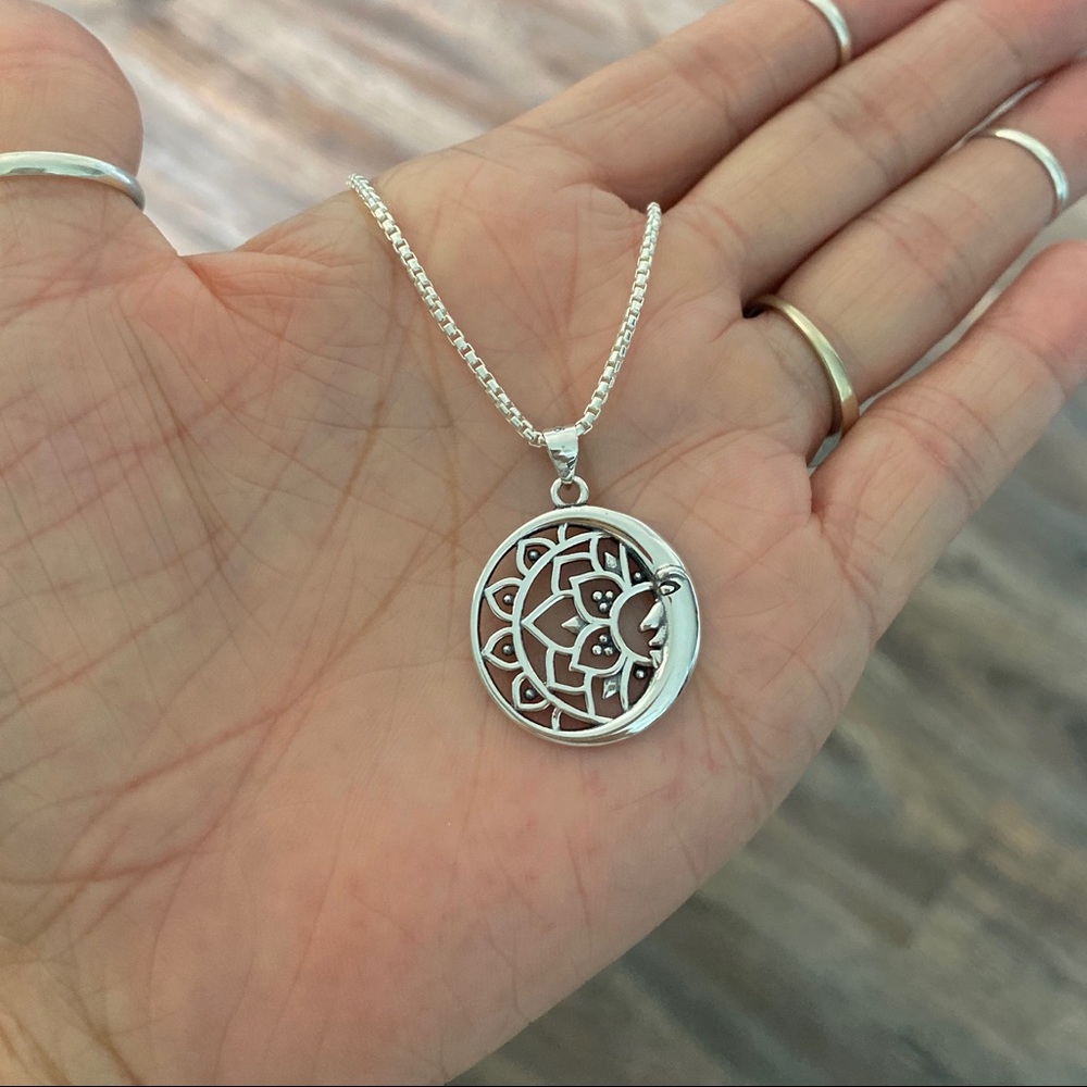 Sterling Silver Mandala And Crescent Moon Necklace View 3